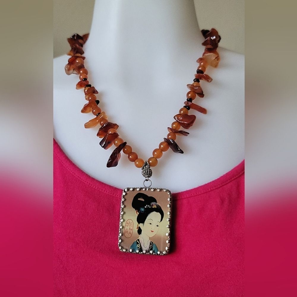 Portrait Pendant & Amber Necklace